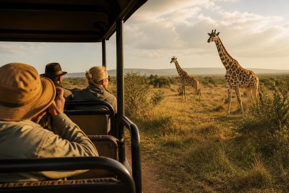 Guests on a game drive watching elephants from an open safari vehicle