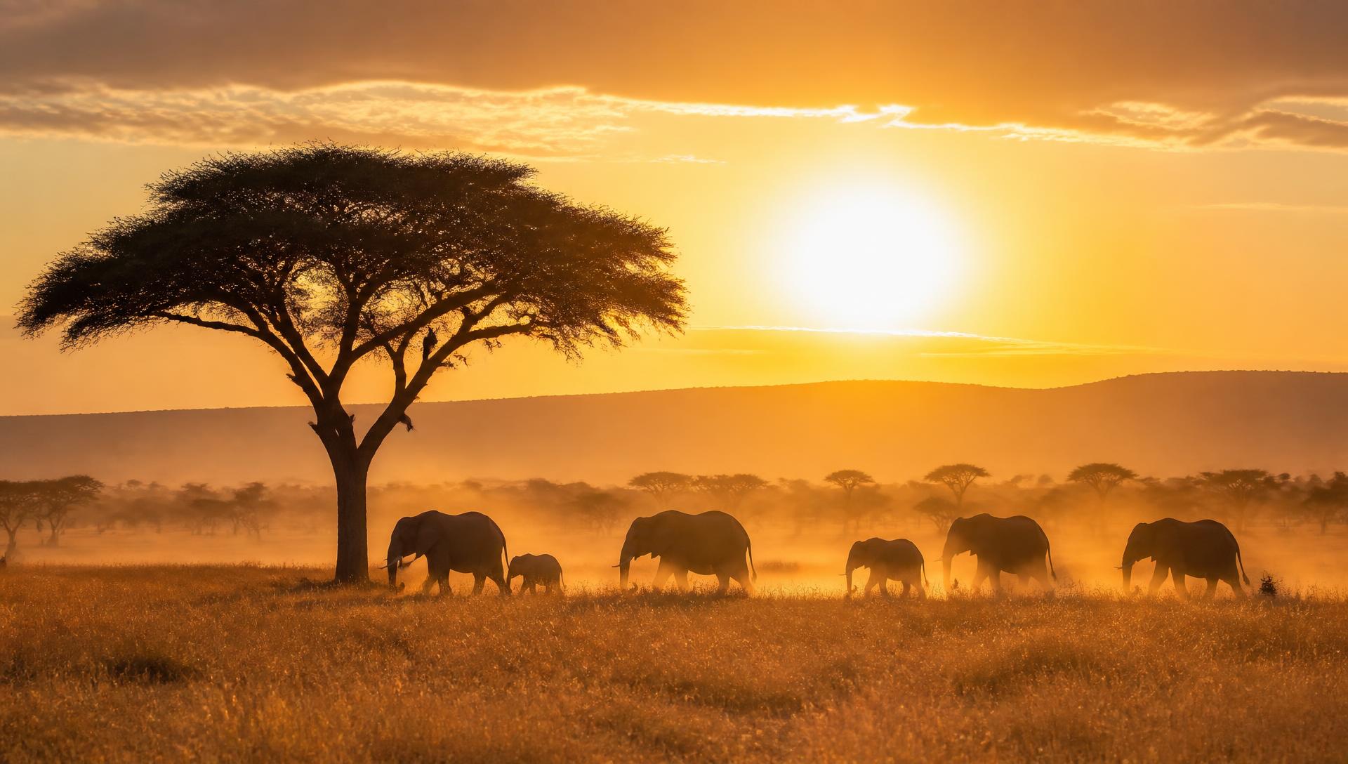 Acacia tree and elephant herd on the Serengeti plains at sunrise