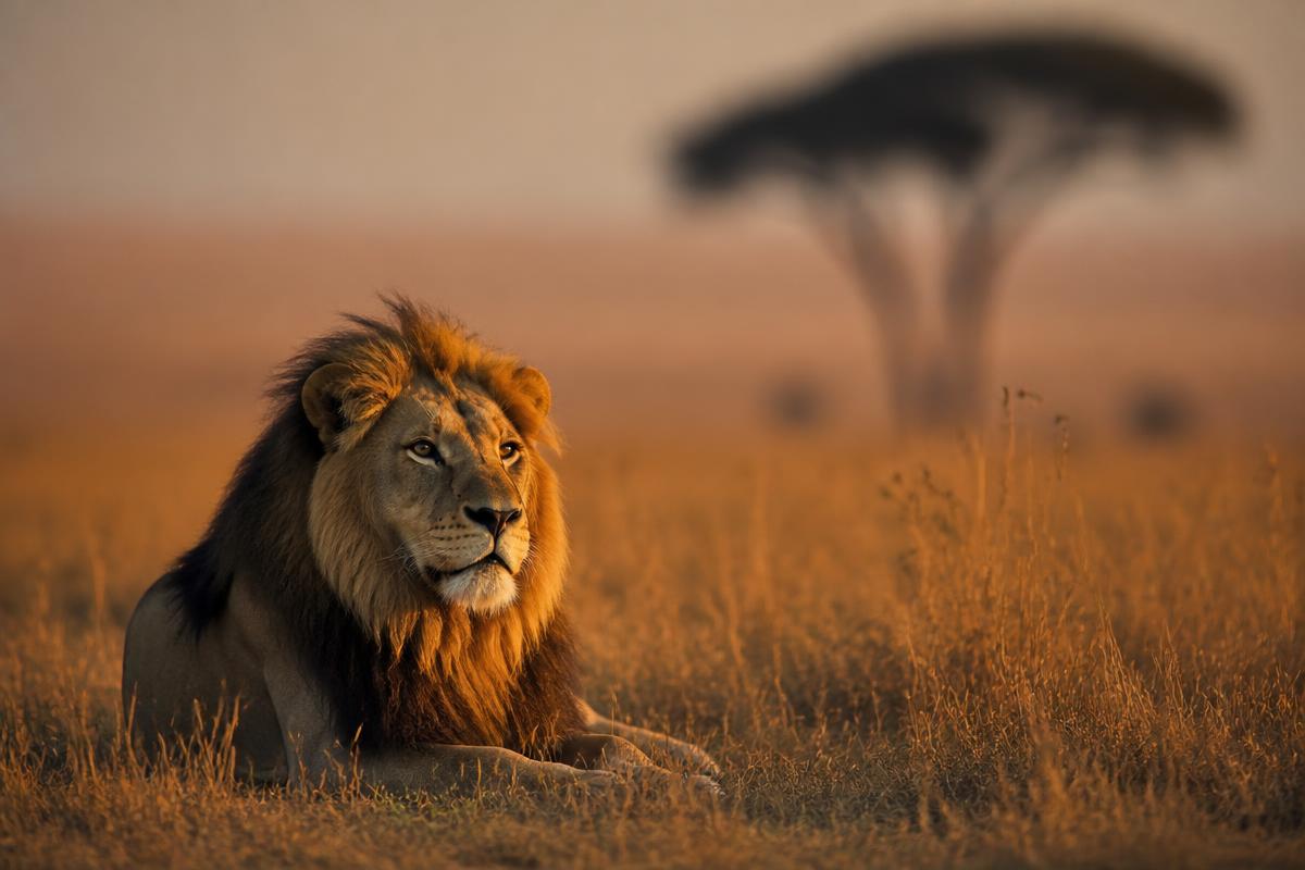 Male lion in Serengeti grassland