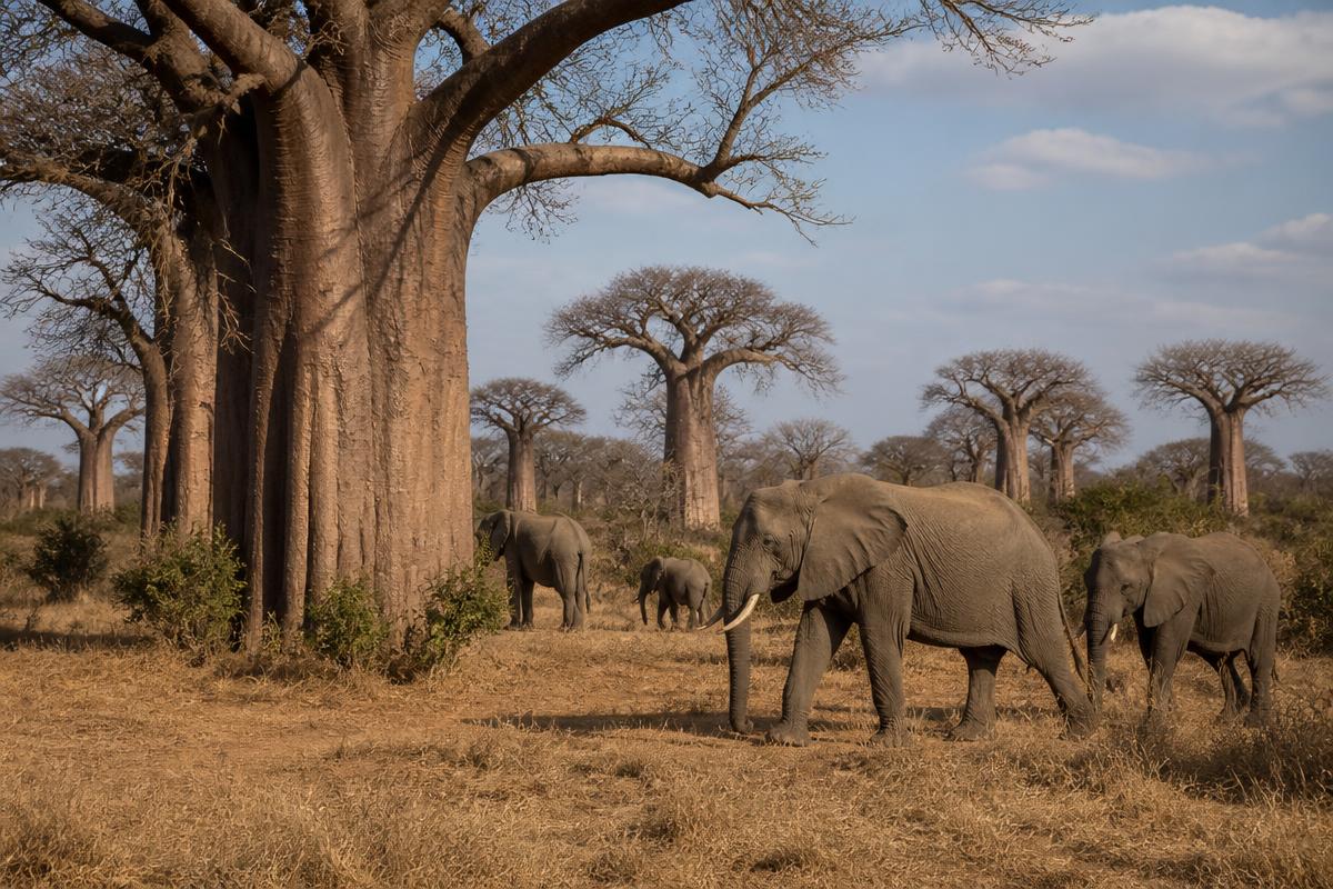 Elephant herd beside baobab trees in Tarangire National Park, Tanzania